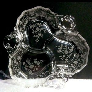 CAMBRIDGE ROSE POINT Etched Three Part Divided RELISH BOWL I Dish Vintage